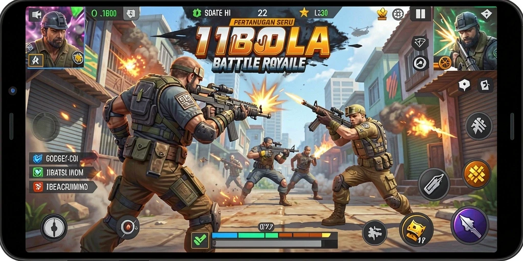 Screenshot gameplay 11BOLA menunjukkan aksi intens dalam pertarungan Battle Royale.