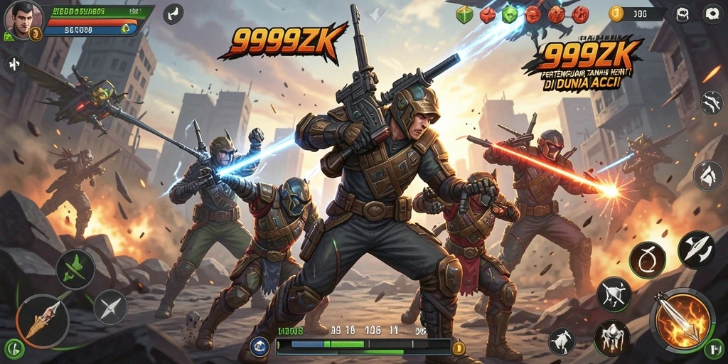 Tangkapan layar utama <strong>999ZK</strong> menampilkan serangan intens dalam pertempuran aksi.