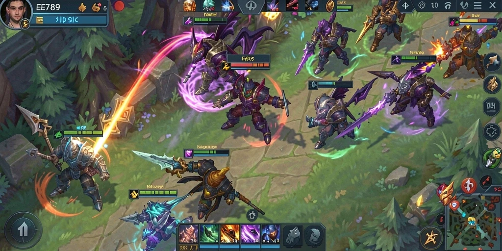 Screenshot utama EE789 yang menampilkan gameplay MOBA yang seru.