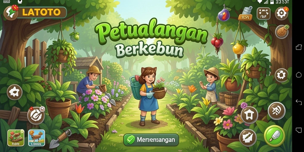 Screenshot gameplay LATOTO menampilkan taman penuh warna dan tanaman subur.