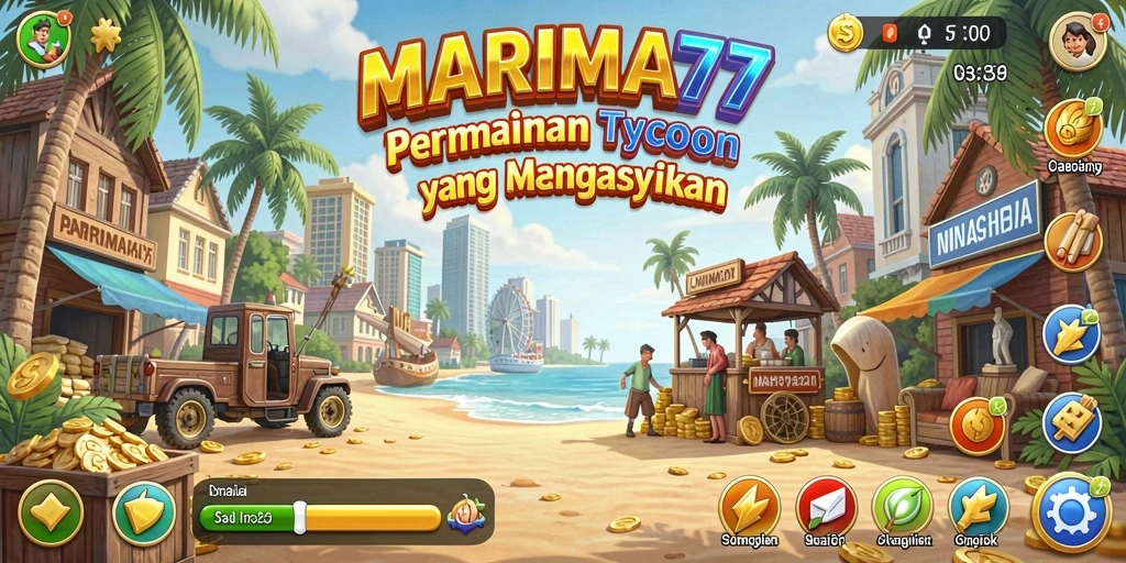 Screenshot gameplay MARIMA77 menampilkan suasana bisnis yang dinamis.