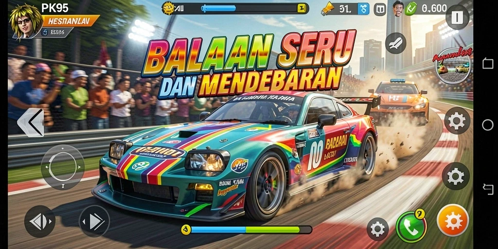 Screenshot gameplay PK95 yang menampilkan aksi balapan yang mendebarkan.