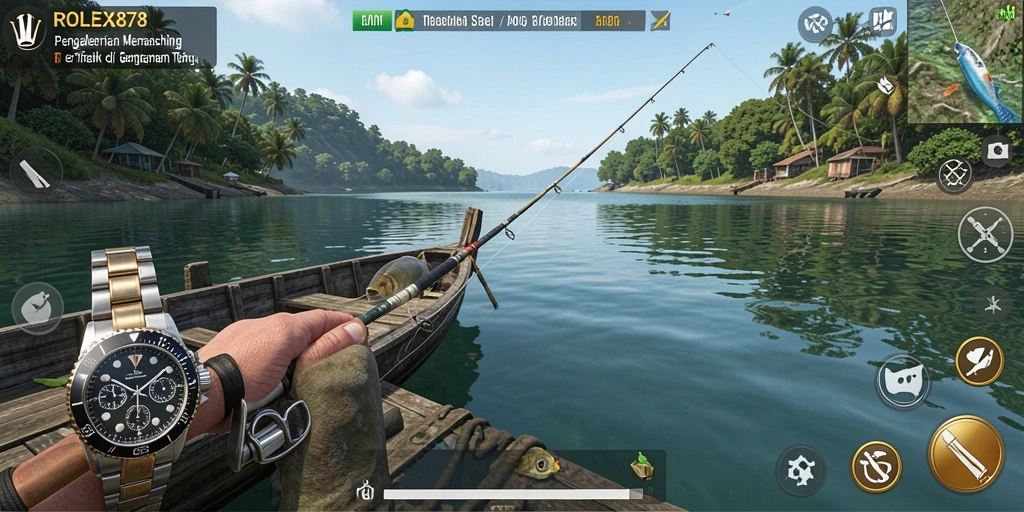 Tampilan gameplay <strong>ROLEX878</strong> dengan grafis menawan saat memancing.