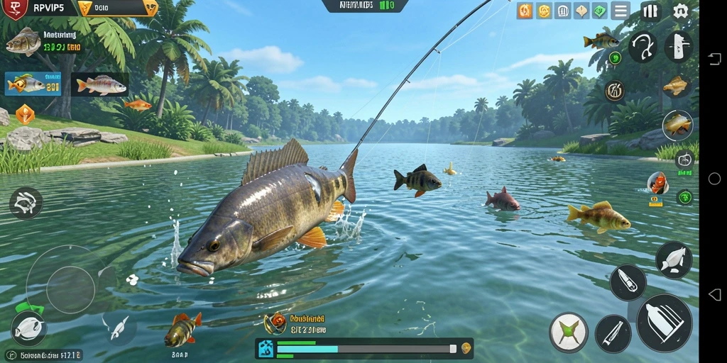 Tampilan gameplay RPVIP5 dengan grafis memukau saat memancing.