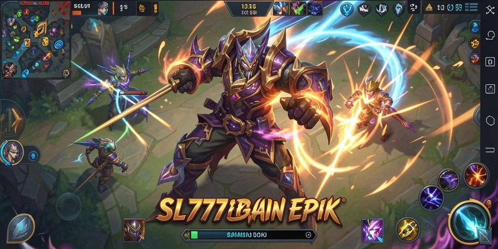 Tangkapan layar gameplay SL777 yang menunjukkan aksi pertempuran MOBA yang mendebarkan.