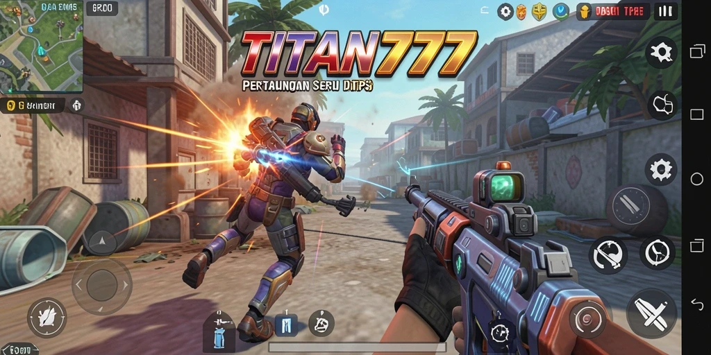 Screenshot gameplay dari TITAN777 menunjukkan aksi pertempuran intens.