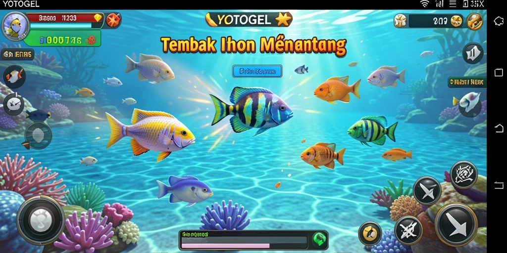 Tampilan gameplay YOTOGEL yang menampilkan aksi menembak ikan.
